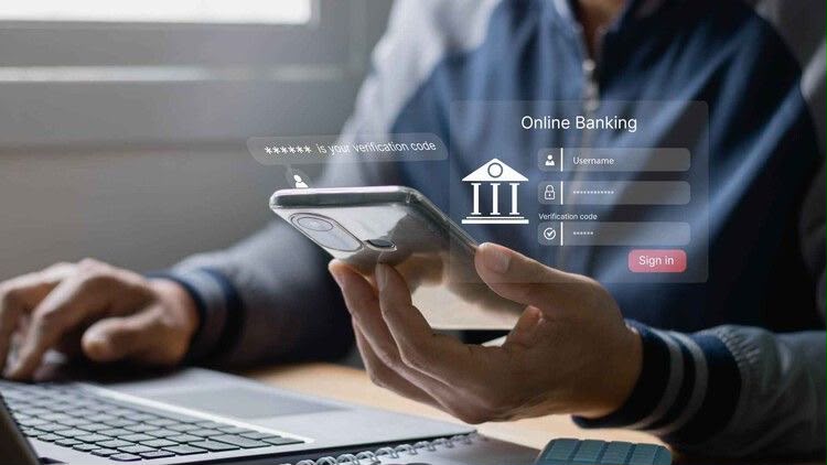 Customer using CrestBank online banking on a phone